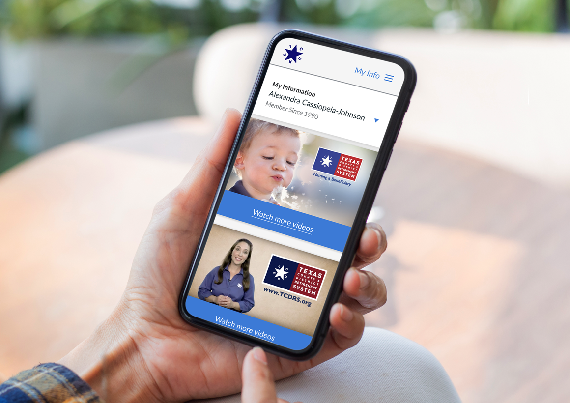 A person holds their phone and scrolls through their TCDRS member portal account 